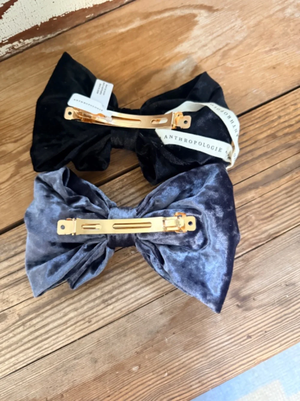 NWT Anthropologie Velvet Hair Bow Barette Set Blue and Black
